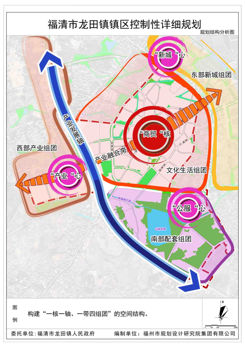 四组团:包括中部的文化生活组团,西部产业组团,南部配套组团,东部新城